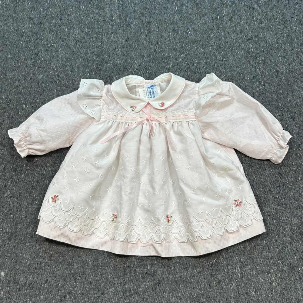 Vintage Haddad Brothers Dress 6-9 Months‎ Girls Pink Floral Eyelet Lace Ruffle